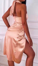 SATIN CROSSOVER NECK OPEN-BACK SLIT BUTTOCK MIDI DRESS styleofcb