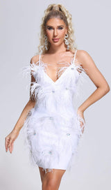 FEATHER BANDAGE MINI DRESS IN WHITE styleofcb
