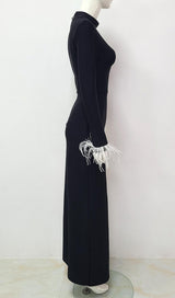 BLACK FEATHER LONG SLEEVE BANDAGE MAXI DRESS styleofcb
