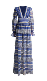 DEEP V TASSEL BLOUSON SLEEVES MAXI DRESS IN BLUE styleofcb