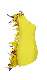 ASYMMETRIC FEATHER MINI DRESS IN YELLOW styleofcb