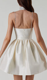 RHINESTONE SUSPENDER PLEATED DRESS IN BEIGE styleofcb