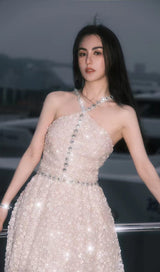 CRYSTAL HALTER MINI DRESS IN WHITE DRESS STYLE OF CB