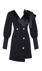 DIAMOND-BUTTON BOW LATERN SLEEVE IRREGULAR SUIT DRESS IN BLACK styleofcb