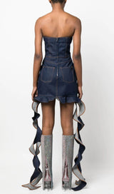 STRAPLESS DRAPED RUFFLE DENIM DRESS Dresses Oh CICI
