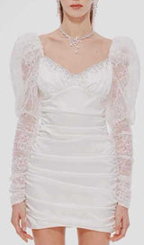 PLEATED DRESS WITH LACE PUFFED SLEEVES IN WHITE styleofcb