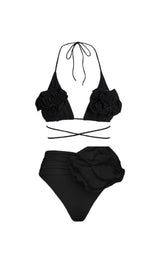 FLORAL APPLIQUÉ TRIANGLE BIKINI SUIT IN BLACK styleofcb