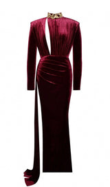 ZENAIDA BURGUNDY CUTOUT HIGH SLIT VELVET GOWN Dresses styleofcb