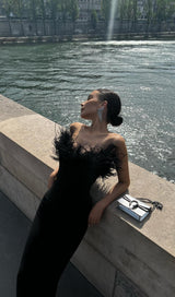 FEATHER BODYCON MAXI DRESS IN BLACK Dresses styleofcb