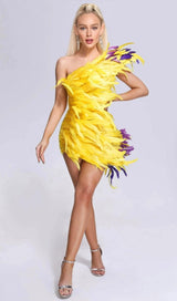 ASYMMETRIC FEATHER MINI DRESS IN YELLOW styleofcb