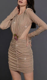 LONG-SLEEVE CREW NECK GLITTER MINI DRESS IN MAHOGANY WOOD styleofcb