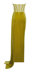 PRIYA GOLD DRAPING CORSET HIGH SLIT VELVET GOWN Dresses styleofcb