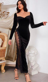 BURGUNDY SQUARE-NECK LACE STITCHED BAG BUTTOCK VELVET MAXI DRESS styleofcb