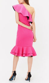 CROSS-SHOULDER RUFFLED FISHTAIL DRESS IN ROSE styleofcb