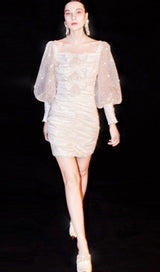 BOW STREAMER MESH PLEATED DRESS IN BEIGE styleofcb