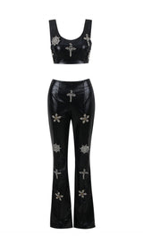 CRYSTAL EMBELLISHMENTS LEATHER TWO PIECE SUIT IN BLACK styleofcb