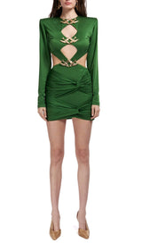SATIN HEAVYWEIGHT CUT-OUT VINTAGE MINI DRESS IN DARK GREEN styleofcb