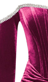 ODETTE BURGUNDY VELVET OFF SHOULDER CORSET DRESS WITH CRYSTAL TRIM styleofcb