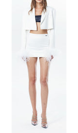 FEATHERS JACKET AND SHORT SKIRT IN WHITE DRESS STYLE OF CB