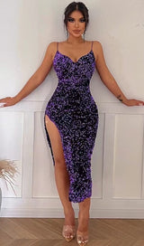 V-NECK SLIT BACKLESS SEQUIN MIDI DRESS IN PURPLE styleofcb