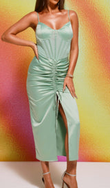 GREEN SATIN SWEETHEART NECK CORSET FRONT SPLIT MAXI DRESS DRESS styleofcb