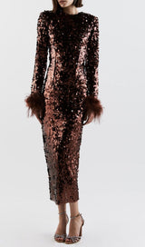 SEQUIN PATCHWORK PLUSH CUFF DRESS IN BROWN styleofcb