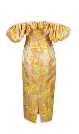 JACQUARD OFF SHOULDER MIDI DRESS IN YELLOW styleofcb