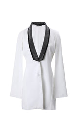 V-NECK DIAMOND DECORATIVE NECKLINE CLOAK DRESS IN WHITE styleofcb