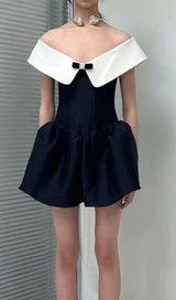 OFF SHOULDER MINI DRESS IN BLACK AND WHITE styleofcb