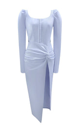LIGHT BLUE SQUARE-NECK PUFF SLEEVE SIDE HIGH SLIT DRESS styleofcb