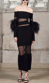 BANDAGE OFF-SHOULDER FEATHER MIDI DRESS IN BLACK styleofcb