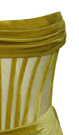 PRIYA GOLD DRAPING CORSET HIGH SLIT VELVET GOWN Dresses styleofcb