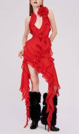 PLUNGING NECKLINE RUFFLE DRESS IN RED styleofcb