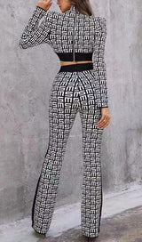 MONOGRAM PRINTED SHOULDER PAD SUIT IN WHITE AND BLACK styleofcb