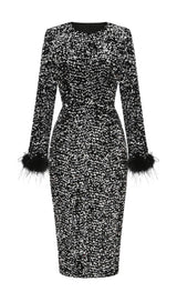 SEQUIN FEATHER LONG SLEEVES MIDI DRESS styleofcb