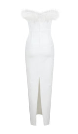 FEATHER BODYCON MAXI DRESS IN WHITE Dresses styleofcb