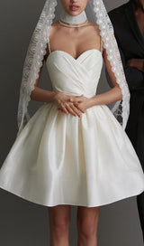 RHINESTONE SUSPENDER PLEATED DRESS IN BEIGE styleofcb