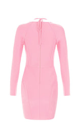 BARBIE PINK MESH FABRIC STITCHED SQUARE-NECK HALTERNECK DRESS styleofcb