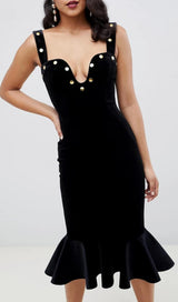 FISHTAIL HEM VELVET SUSPENDER MIDI DRESS IN BLACK styleofcb