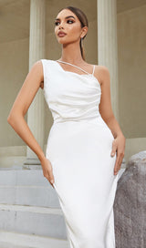SATIN ONE SHOULDER MIDI DRESS IN WHITE styleofcb