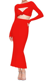 CUTOUT LONG SLEEVE MIDI DRESS IN RED styleofcb