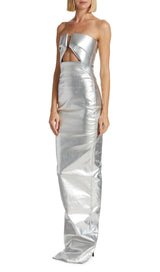 FAUX LEATHER STRAPLESS MAXI DRESS IN SILVER dresses styleofcb