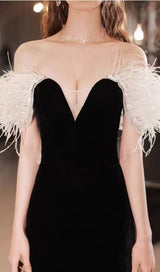 ELEGANT FEATHER OFF SHOULDER FISHTAIL MAXI DRESS IN BLACK styleofcb