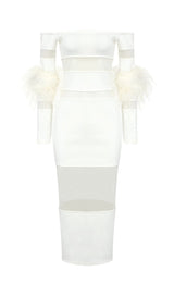 BANDAGE OFF-SHOULDER FEATHER MIDI DRESS IN WHITE styleofcb