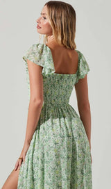 FLORAL COLD SLEEVE MIDI DRESS IN GREEN DRESS STYLE OF CB