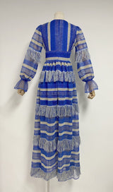 DEEP V TASSEL BLOUSON SLEEVES MAXI DRESS IN BLUE styleofcb