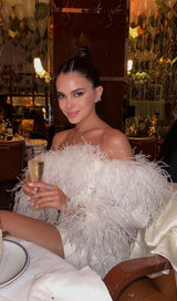 FEATHER CORSET MINI DRESS IN WHITE styleofcb