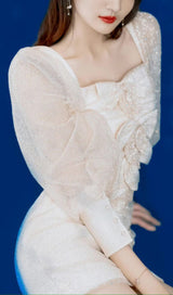 BOW STREAMER MESH PLEATED DRESS IN BEIGE styleofcb