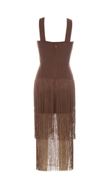 BROWN SLEEVELESS CHEST HOLLOW FRINGE HEM SKINNY MAXI DRESS styleofcb