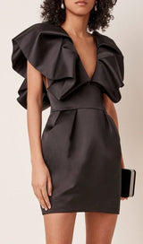 DEEP V THREE-DIMENSIONAL SHOULDER DESIGN DRESS IN BLACK styleofcb